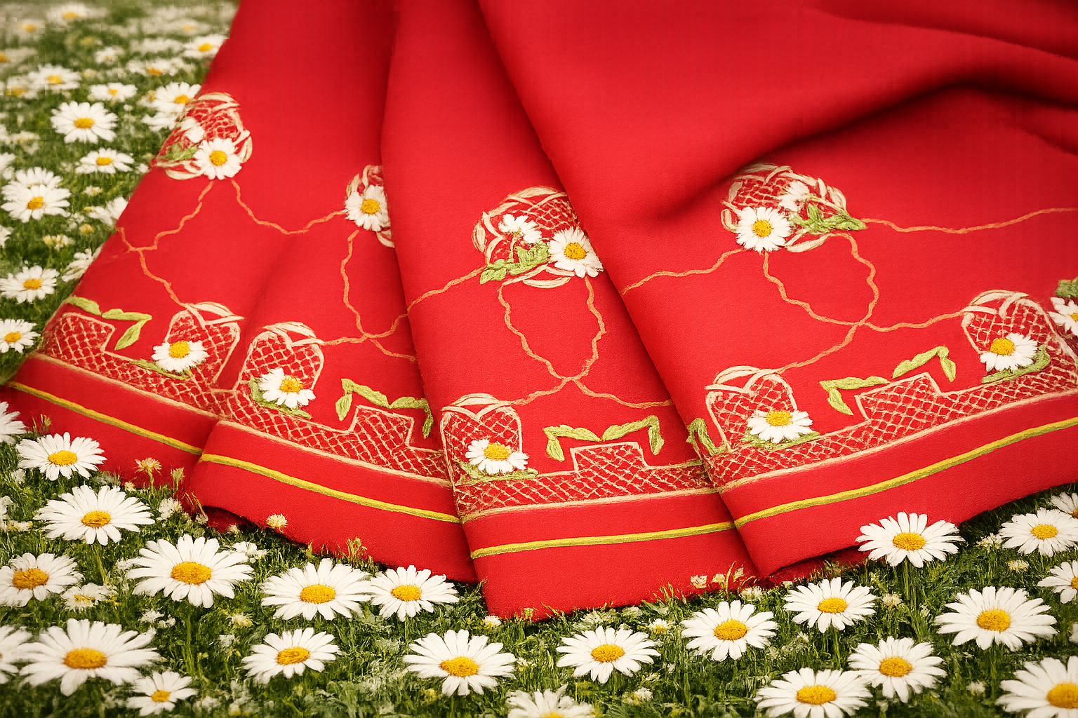 Detaljbilde av broderi – rødt stoff med prestekrager og broderi